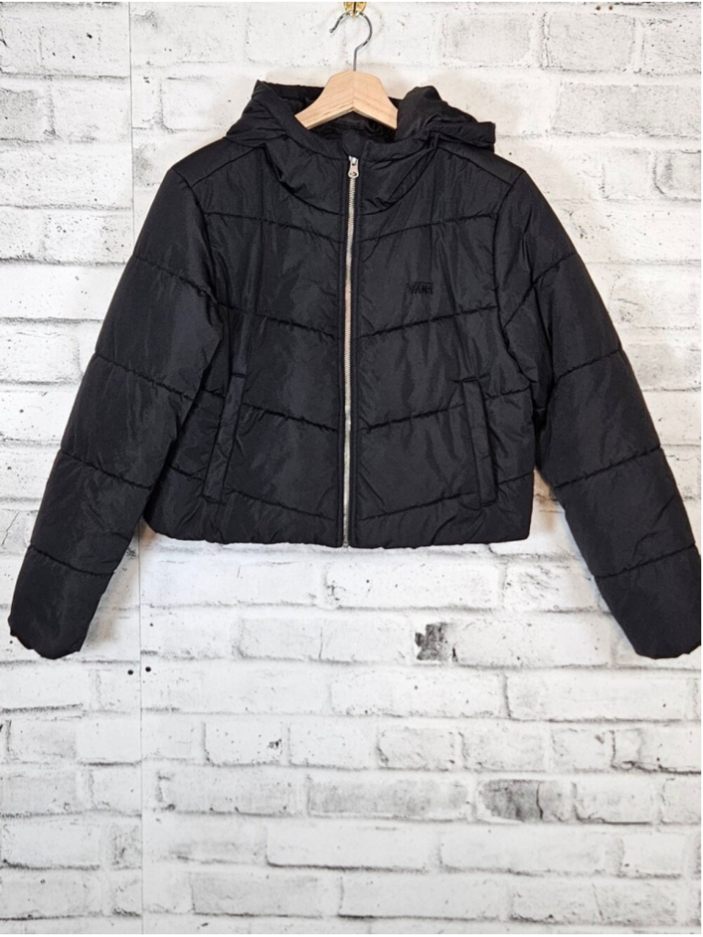 Vans Womens Black Hooded Puffer Jacket Medium Cropped Quilted
